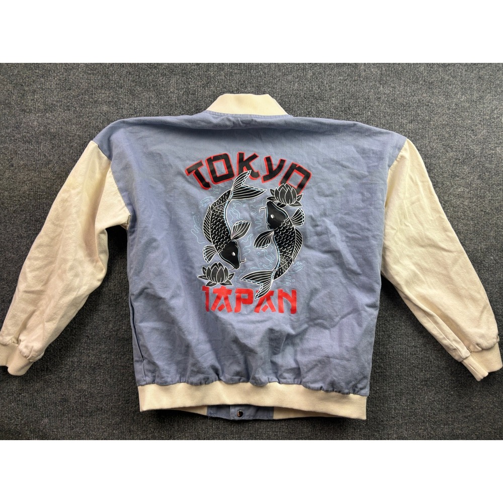 SHEIN Bomber Jacket Women M Blue Tokyo Japan Koi Fish Graphic Varsity Snap Front